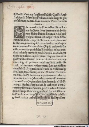 Pro Ferdinando Italo rege ad Alexandrum VI. pontificem summum oratio