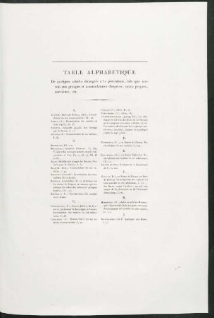 Table alphabétique de quelques articles étrangers à la précédente, tels que renvois aux groupes et nomenclatures d'espèces, noms propres, anecdotes, etc.