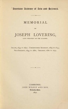 Memorial of Joseph Lovering, late President of the Academy : American Academy of Arts and Sciences