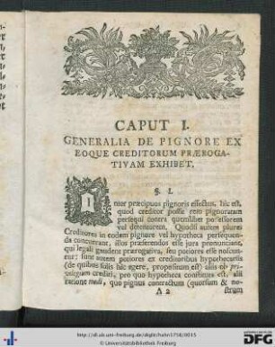 Caput I. Generalia De Pignore Ex Eoque Creditorum Praerogativam Exhibet.