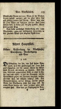 Achtes Hauptstück. Nähere Beschreibung der Blockhäuser, Einrichtung, Vertheidigung und Bau.