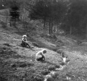 Kinderbilder. Zwei Mädchen auf einem Wiesenhang mit einem Bachlauf