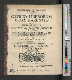 Dissertatio Inauguralis Juridica De Officio Liberorum Erga Parentes