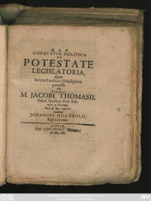 Disputatio Politica De Potestate Legislatoria, Quam Inclytae Facultatis Philosophicae permissu