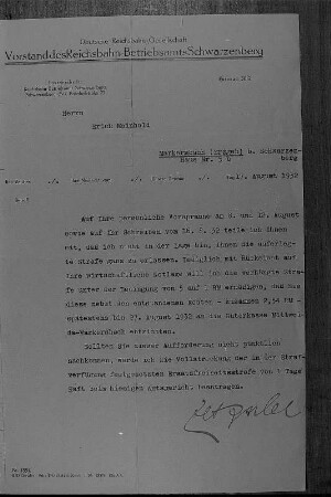 Strafermäßigung wegen wirtschaftlicher Notlage für den Arbeiterfotografen Erich Meinhold durch die Deutsche Reichsbahn-Gesellschaft vom 27. August 1932