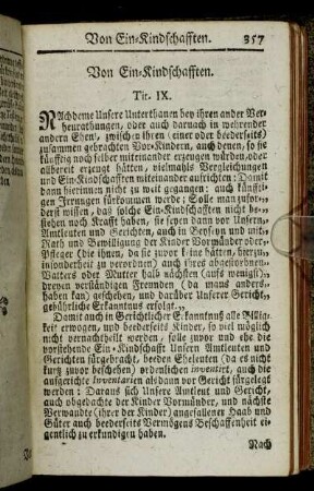 Tit. IX. Von Ein-Kindschafften. - Tit. XVII. Von Enterbung der Kinder, und aus was Ursachen die Elter selbige gegen ihnen fürnehmen mögen.