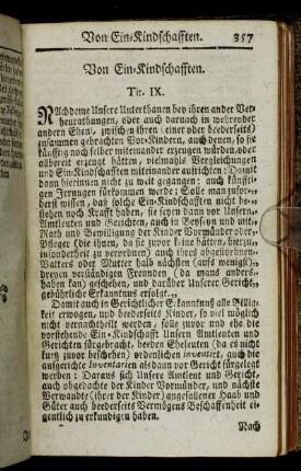 Tit. IX. Von Ein-Kindschafften. - Tit. XVII. Von Enterbung der Kinder, und aus was Ursachen die Elter selbige gegen ihnen fürnehmen mögen.