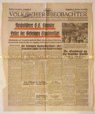 Titelblatt der NS-Tageszeitung "Völkischer Beobachter" zur Ernennung von Himmler zum Chef der GESTAPO
