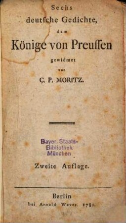 Sechs deutsche Gedichte, dem Könige von Preussen gewidmet