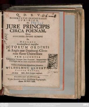 Dissertatio Inauguralis Juridica De Jure Principis Circa Poenam