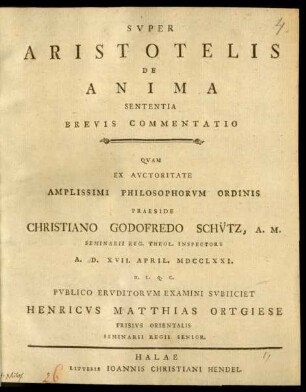 Svper Aristotelis De Anima Sententia Brevis Commentatio