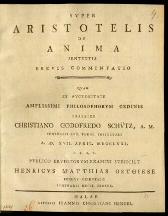 Svper Aristotelis De Anima Sententia Brevis Commentatio