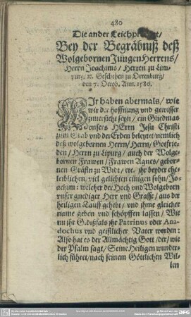 Die ander Leichpredigt, Bey der Begräbniß deß Wolgebornen Jungen Herrens, Herrn Joachims, Herren zu Limpurg, [et]c. Geschehen zu Ortenburg, den 7. Octob. Ann. 1580.