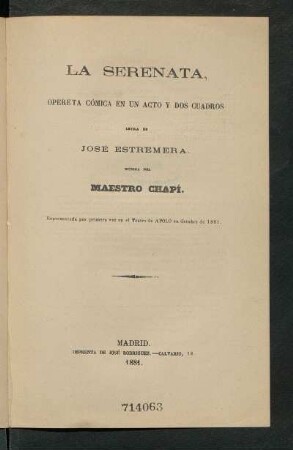 La serenata : opereta cómica en un acto y dos cuadros