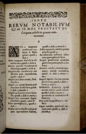 Index Rerum Notabilium quae in hoc Tractatu de Corpore caelesti in genere continentur.