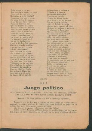 Juego político : Monólogo cómico político, original de Manuel Romero. Creación del primer actor cómico Enrique Muiño