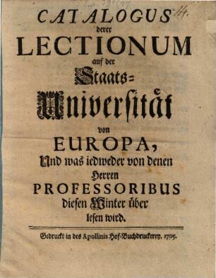 Catalogus derer Lectionum auf der StaatsUniversität von Europa