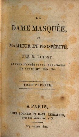 La dame masquée, ou malheur et prospérité, 1