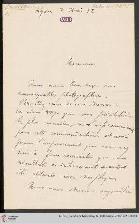 Briefe von Antoine Lumière an Max Wolf: Brief von Antoine Lumière an Max Wolf