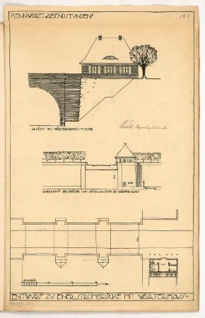 Straßenbrücke mit Wärterhaus Monatskonkurrenz März 1913: Brücke: Grundriss 1:200; Wärterhaus: Grundriss Erdgeschoss 1:200, Aufriss 2 Seitenansichten 1:200, 1:100; Maßstabsleiste