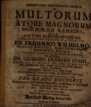 Dissertatio Inauguralis Medica De Multorum Atque Magnorum Morborum Remedio