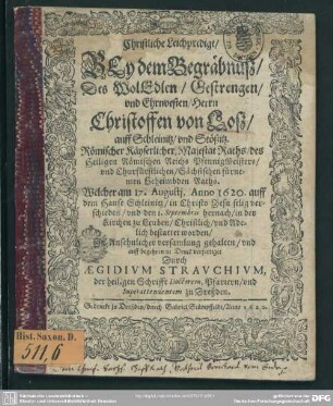 Christliche Leichpredigt, bey dem Begräbnüß, des...Christoffen von Loß gehalten