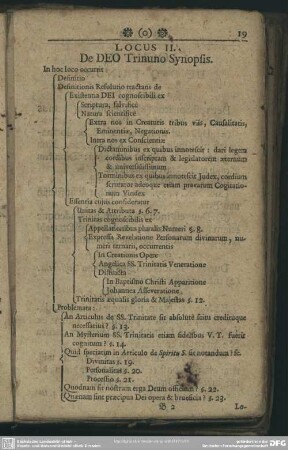 Locus II. De Deo Trinuno Synopsis