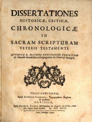 Dissertationes historicae, criticae, chronologicae in sacram scripturam veteris Testamenti