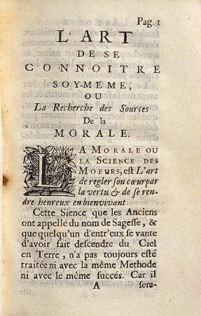 L'art de se connoitre soy-même, ou la recherche des sources de la morale, 1