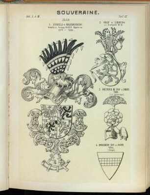 Taf. 47. Jülich - 1. Sybilla V. Brandenburg Gemahlin d. Herzogs Wilhelm, Regentin von 1511 - 1524. - 2. Graf v. Limburg. n.d. Stuttgarter W.-B. - 3. Dietrich III Graf v. Limburg 1338. (n.d. Helmsiegel.) - 4. Engelbert Graf v.d. Mark. 1254. (Siegel.)