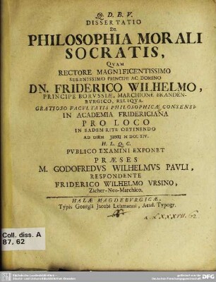 Dissertatio De Philosophia Morali Socratis