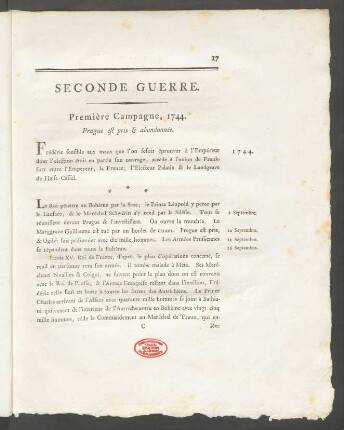 Première Campagne, 1744. Prague est pris & abandonnée.