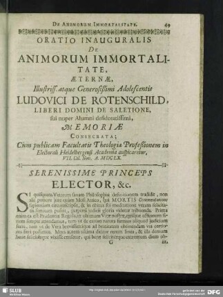 Oratio Inauguralis De Animorum Immortalitate Aeternae ...