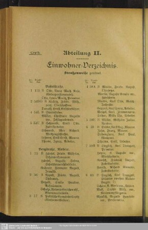 Abteilung II. Häuserbuch : Einwohner-Verzeichnis. Straßenweise geordnet.