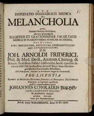 Disputatio Inauguralis Medica De Melancholia