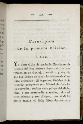 Principios de la primera Edicion. Tasa.