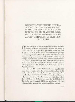 Die Wissenschaftliche Gesellschaft In Strassburg Widmet Diese Gedenkblätter Allen Denen, Die Sie In Verehrungs- Und Liebevollem Gedenken An Adolf Michaelis Mit Sich Vereint Weiss.