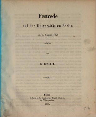 Festrede auf der Universität zu Berlin am 3. August 1863
