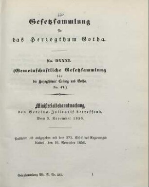 531. Ministerialbekanntmachung, den Vereins-Zolltarif betreffend. Vom 3. November 1856.