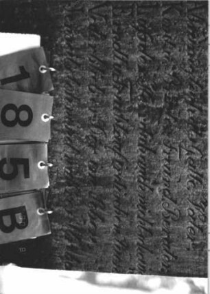 Grabstein 185 (Index: 100106289) Material: Sandstein Zustand: stark verwittert, vollständiger Textverlust auf der Vorderseite, Mittelaufsatz fehlt Maße HxBxT: 150x57x18 cm Beschreibung: Stele, Abschluß Sonderform, Mittelaufsatz fehlt, Schriftfeld eingetieft mit Rundbogenabschluß, Sockel Symbolik: Levitenkanne: Grabstein 185B