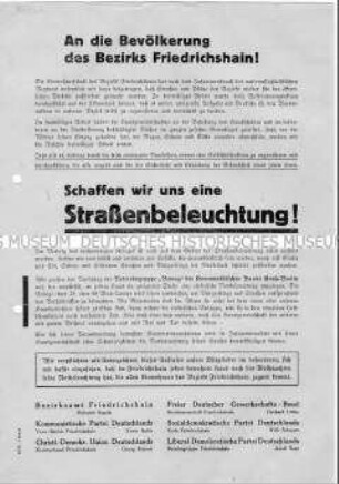 Aufruf des Bezirksamtes Friedrichshain und der Parteien zur Schaffung einer Straßennotbeleuchtung im Stadtbezirk durch die Bewohner