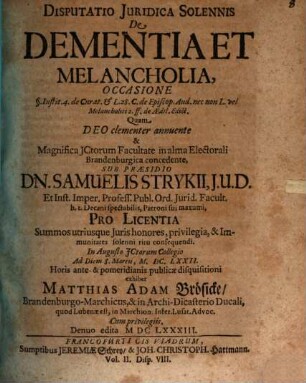 Disp. iur. sol. de dementia et melancholia