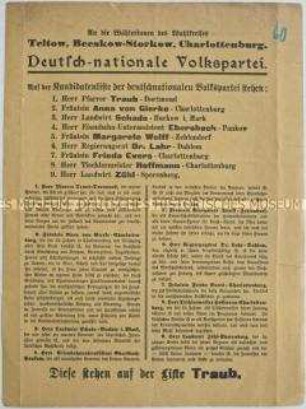 Kandidatenliste der Deutschnationalen Volkspartei zur Wahl der Nationalversammlung 1919