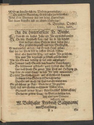 An die hinterlassene Fr. Wittbe.