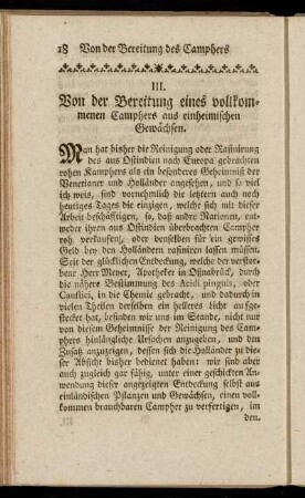 III. Von der Bereitung eines vollkommenen Camphers aus einheimischen Gewächsen.