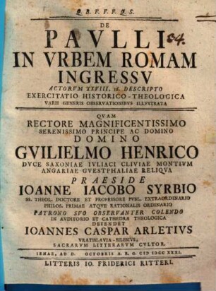 De Paulli in urbem Romam ingressu, Actor. XXVIII,16. descripto, exercitatio historico-theologica