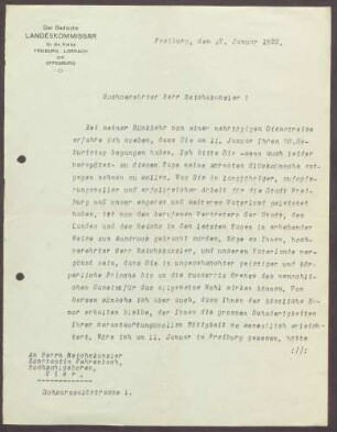 Glückwünsche zum 70. Geburtstag für Constantin Fehrenbach von Karl Schneider, Landeskommissär in Freiburg
