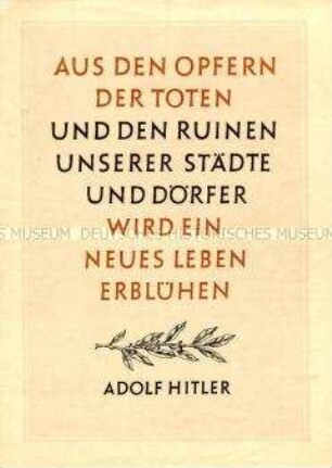 Gedenkblatt für einen Gefallenen des 2. Weltkrieges mit einem Zitat von Hitler
