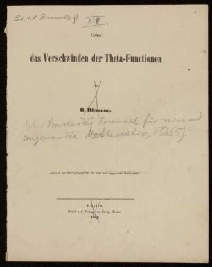Ueber das Verschwinden der Theta-Functionen, Berlin, 1866