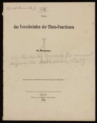 Ueber das Verschwinden der Theta-Functionen, Berlin, 1866